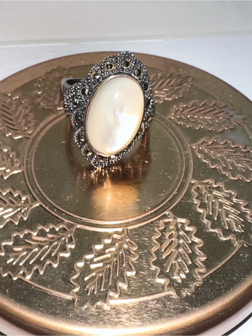 Vintage Art Deco Mother of Pearl & Marcasite Statement Ring Size 7